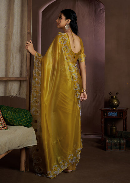 Yellow Color Silk Sequins Applique Flower Work Saree