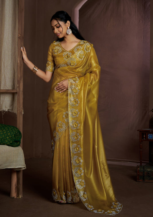 Yellow Color Silk Sequins Applique Flower Work Saree