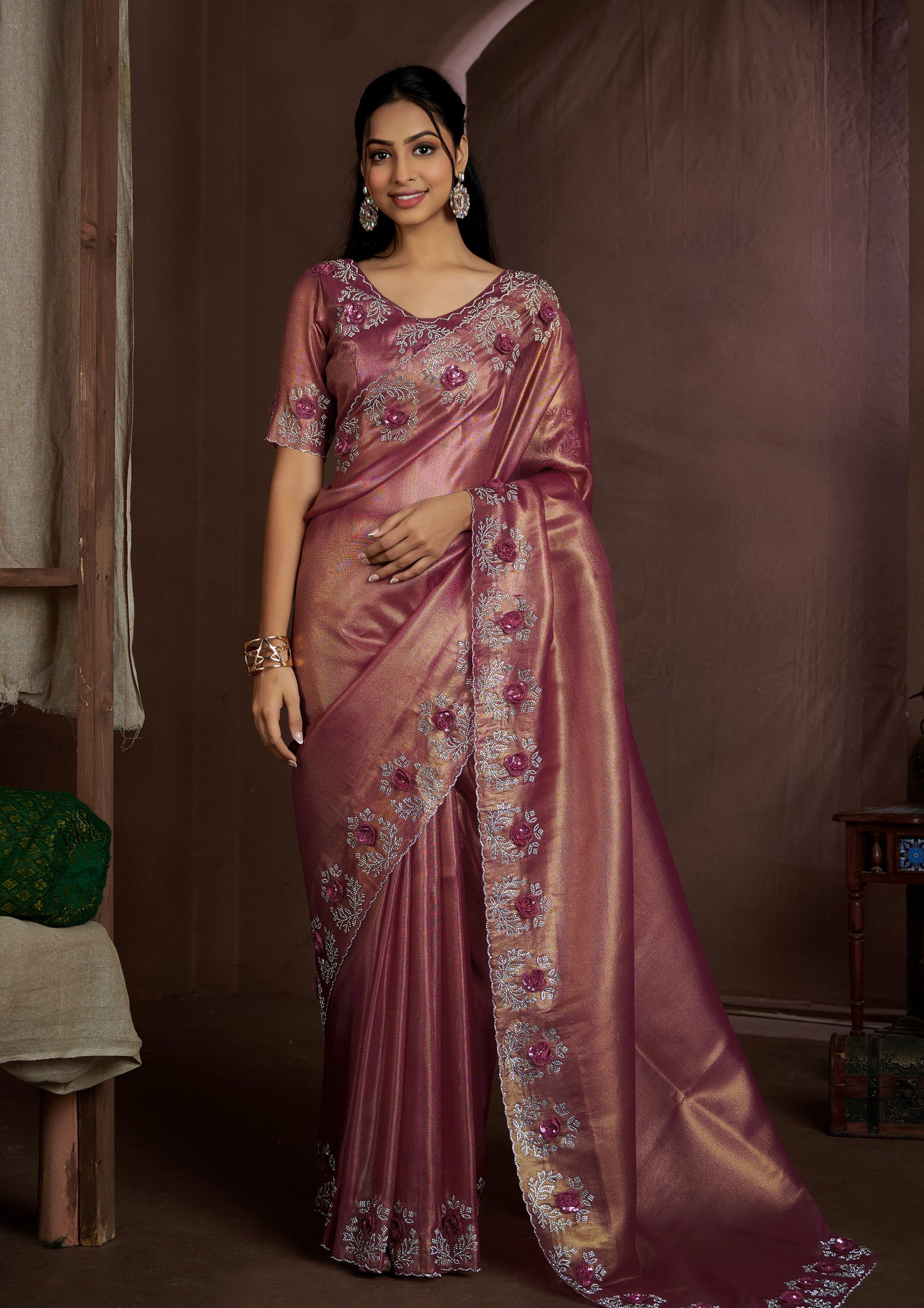 Dusty Gajari Color Silk Sequins Applique Flower Work Saree