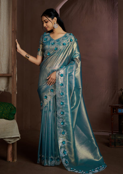 Sky Blue Color Silk Sequins Applique Flower Work Saree