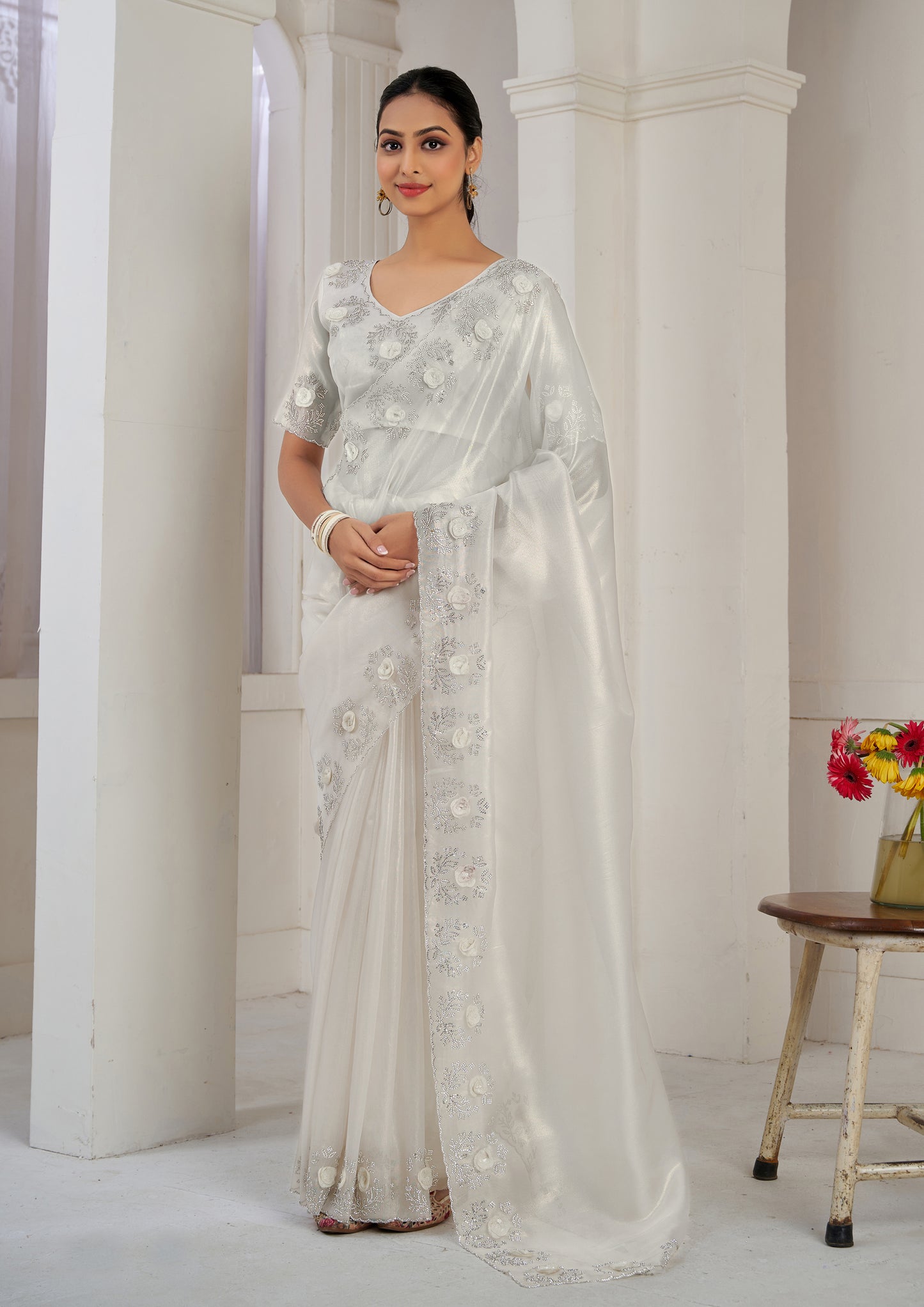 White Color Silk Sequins Applique Flower Work Saree