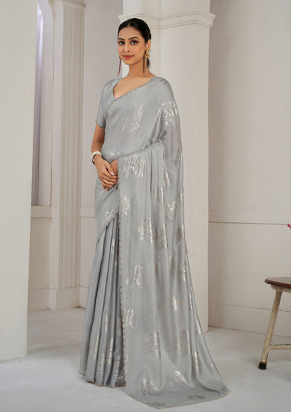 Grey Color Chinnon Silk Heavy Zircon Border With Foil Print Saree