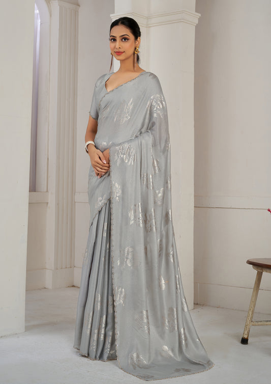 Grey Color Chinnon Silk Heavy Zircon Border With Foil Print Saree