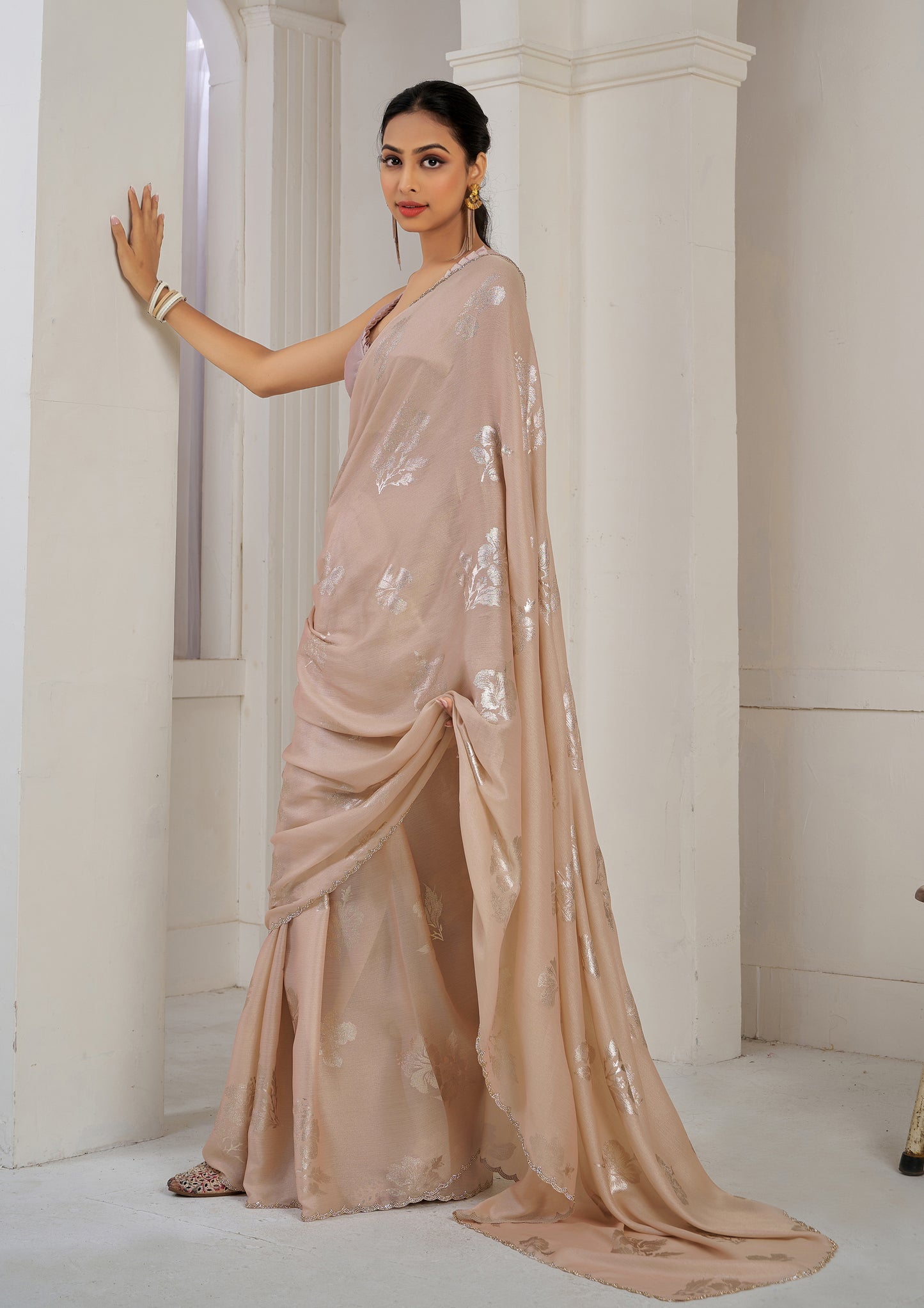 Peach Color Chinnon Silk Heavy Zircon Border With Foil Print Saree