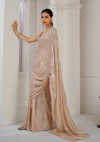 Peach Color Chinnon Silk Heavy Zircon Border With Foil Print Saree