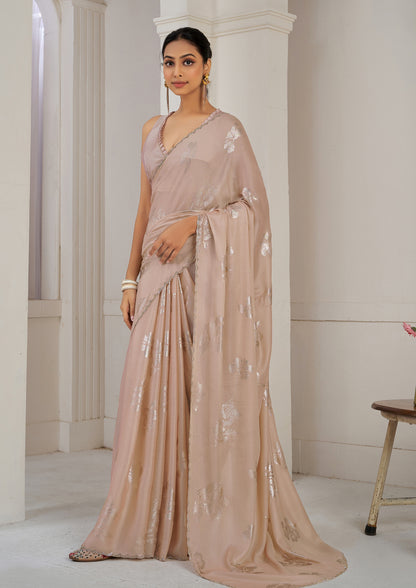 Peach Color Chinnon Silk Heavy Zircon Border With Foil Print Saree