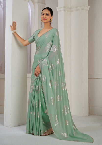 Pista Green Color Chinnon Silk Heavy Zircon Border With Foil Print Saree