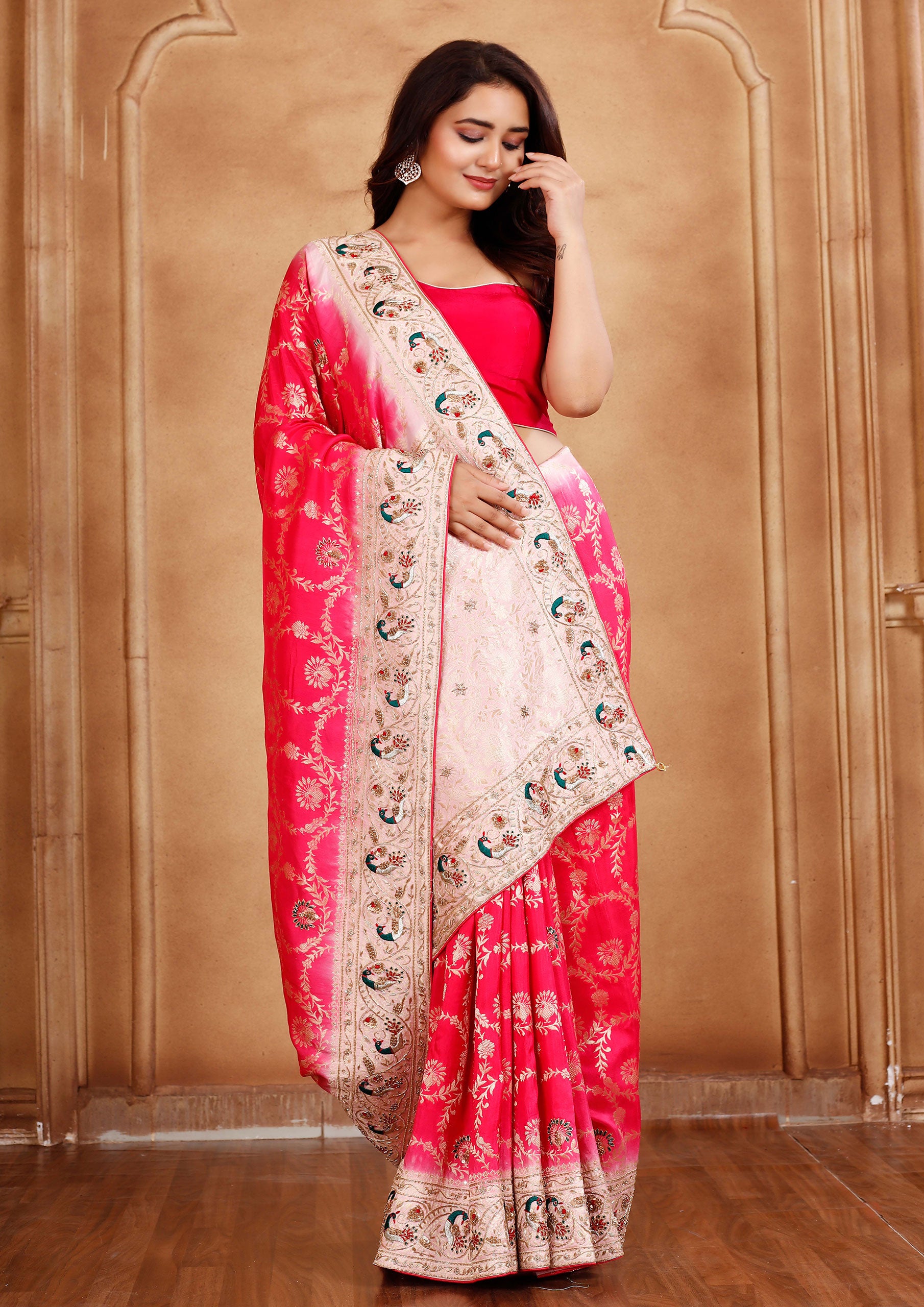 Dazzling Pink Color Banarasi Silk Saree