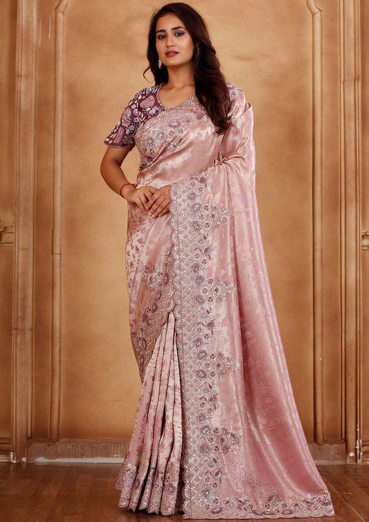 Light Pink Color Sequins Work Wedding Wear Saree