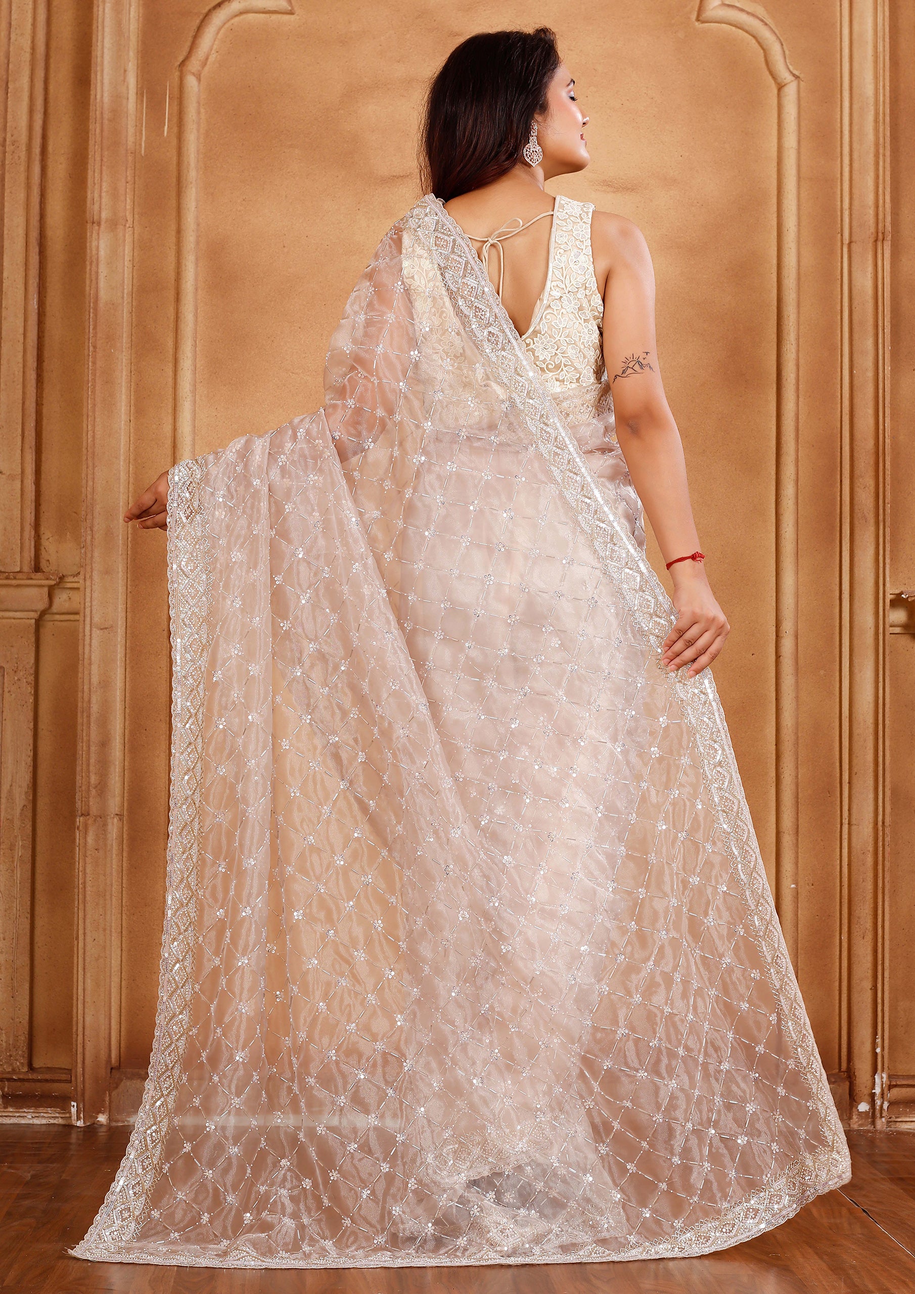 Beige Color Organza Sequins Work Saree For Party