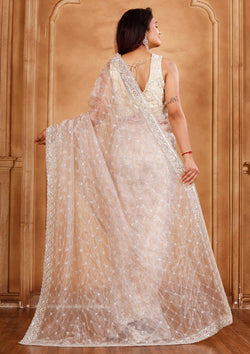 Beige Color Organza Sequins Work Saree For Party