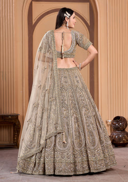 A stunning beige lehenga adorned with intricate embroidery and delicate net work.