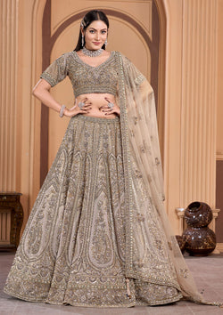 A stunning beige lehenga adorned with intricate embroidery and delicate net work.