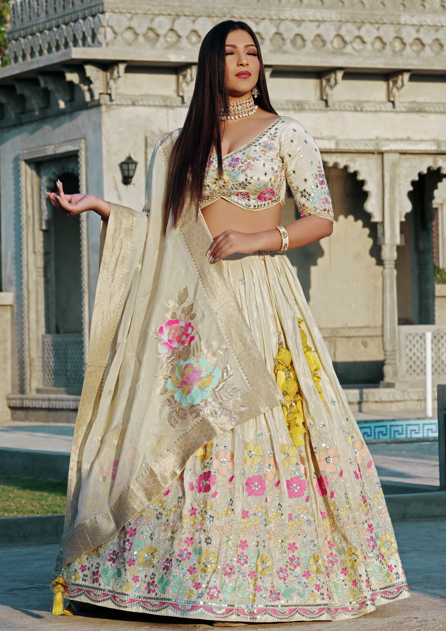 Stylish Cream Color Floral Pattern Embroidery Silk Lehenga Choli