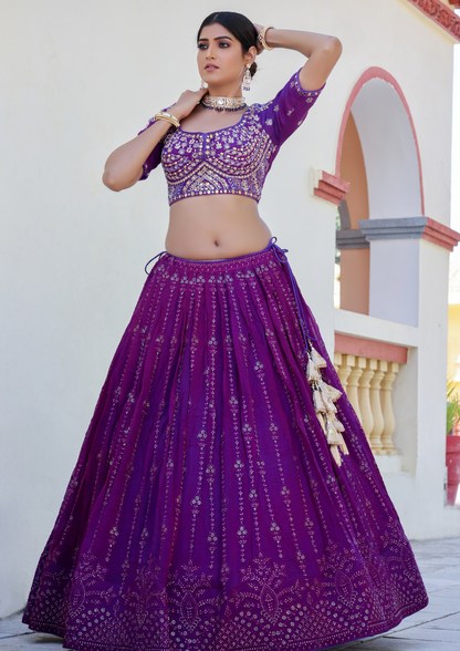 Purple Color Chiffon Sequins Work Wedding Wear Lehenga