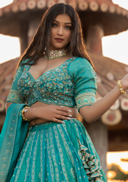 Stylish Turquoise Color Chiffon Wedding Wear Lehenga