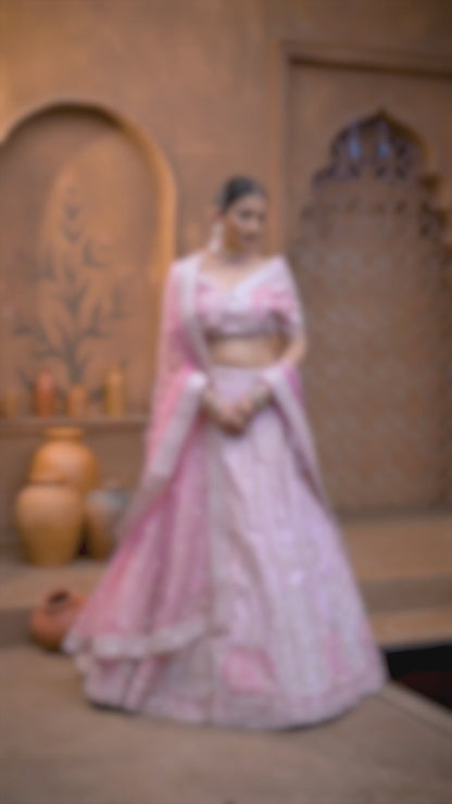 Baby Pink Color Raw Silk Hand Work Lehenga For Bride