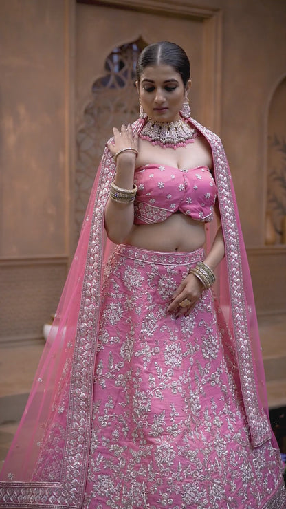 Adorable Pink Color Raw Silk Hand Work Lehenga Choli