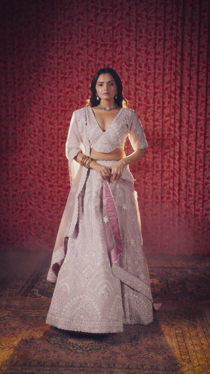 Lilac Color Thread And Sequins Work Silk Lehenga Choli