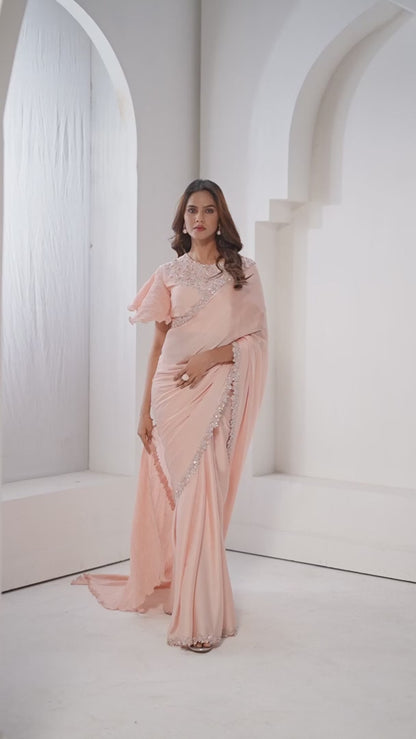 Classic Peach Color Crepe Satin Silk Sequins Work Saree