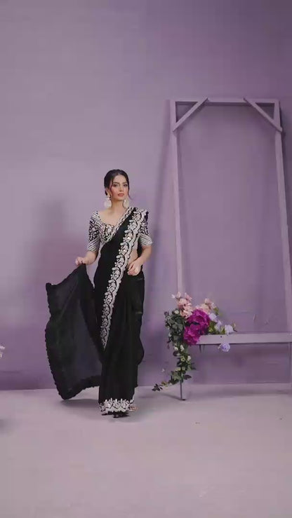 Dazzling Black Color Two Tone Satin Silk Saree