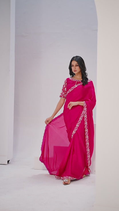 Regal Pink Color Crepe Satin Silk Saree With Moti Work