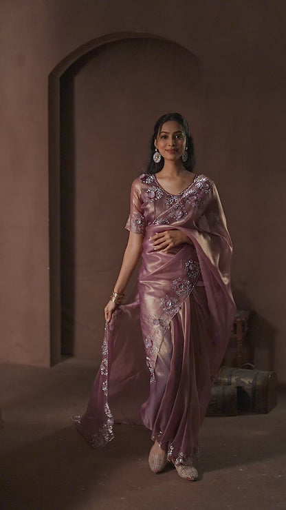 Lavender Color Silk Sequins Applique Flower Work Saree